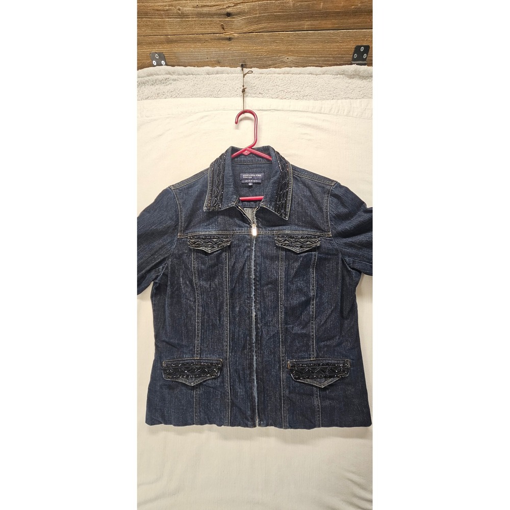 Jones New York Signature Beaded Denim Jacket Dark Wash‎ Zip Up Stretch Womens L